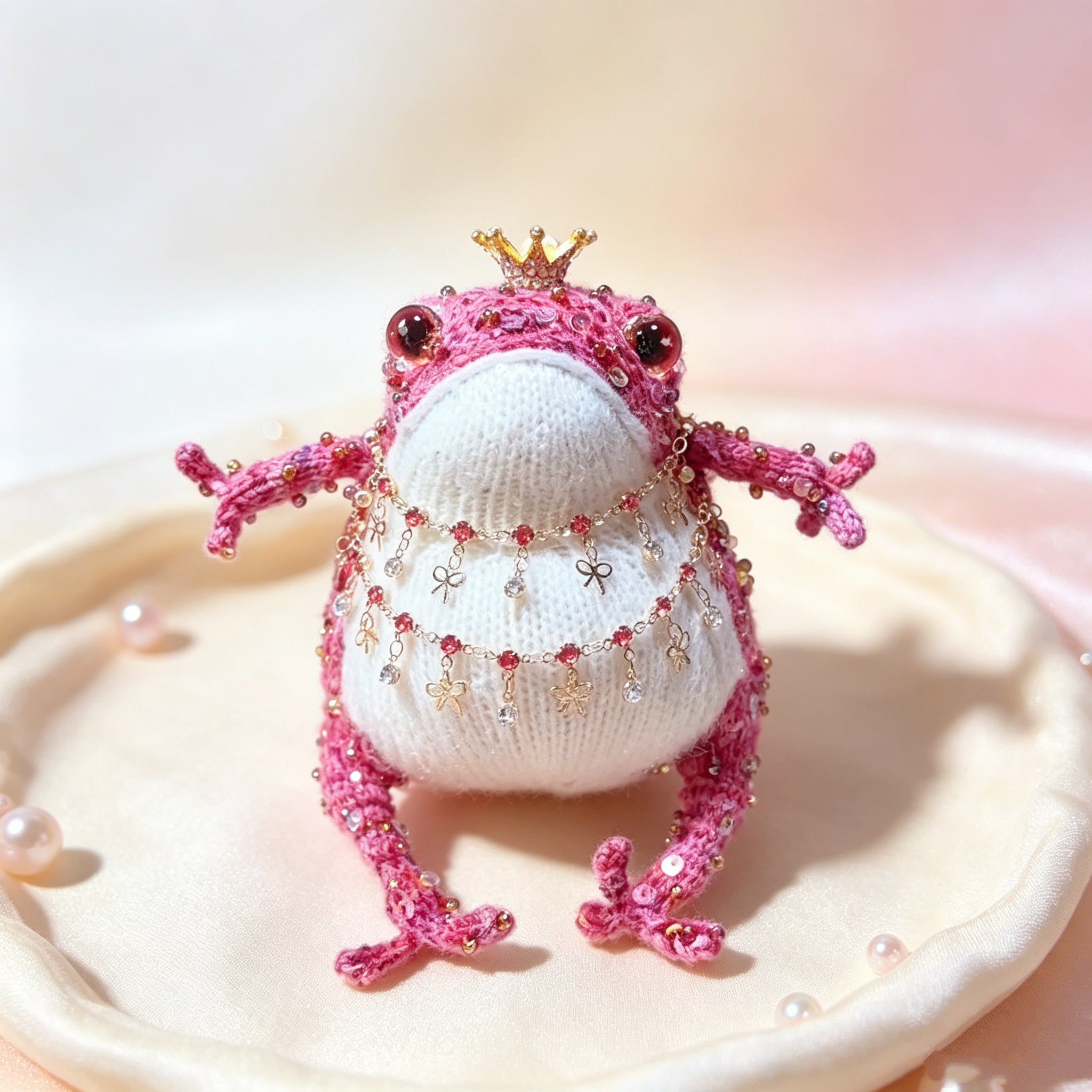 Royal Toad Trio – Set of 3 Hand-Knitted Figurines in Rainbow Multicolor, Deep Violet &amp; Bright Pink with Gold/Silver Crowns, Layered Chain Necklaces &amp; Crystal Pendants | The Third Space