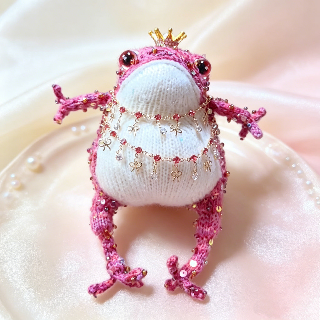 Royal Toad Trio – Set of 3 Hand-Knitted Figurines in Rainbow Multicolor, Deep Violet &amp; Bright Pink with Gold/Silver Crowns, Layered Chain Necklaces &amp; Crystal Pendants | The Third Space