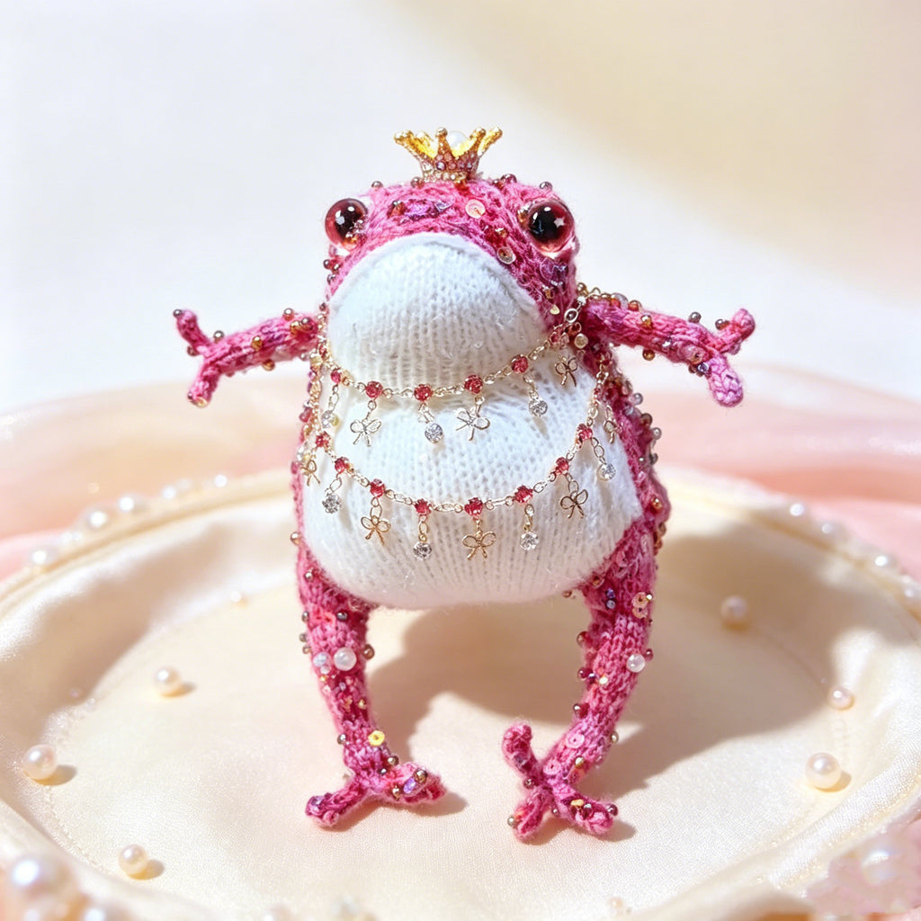 Royal Toad Trio – Set of 3 Hand-Knitted Figurines in Rainbow Multicolor, Deep Violet &amp; Bright Pink with Gold/Silver Crowns, Layered Chain Necklaces &amp; Crystal Pendants | The Third Space