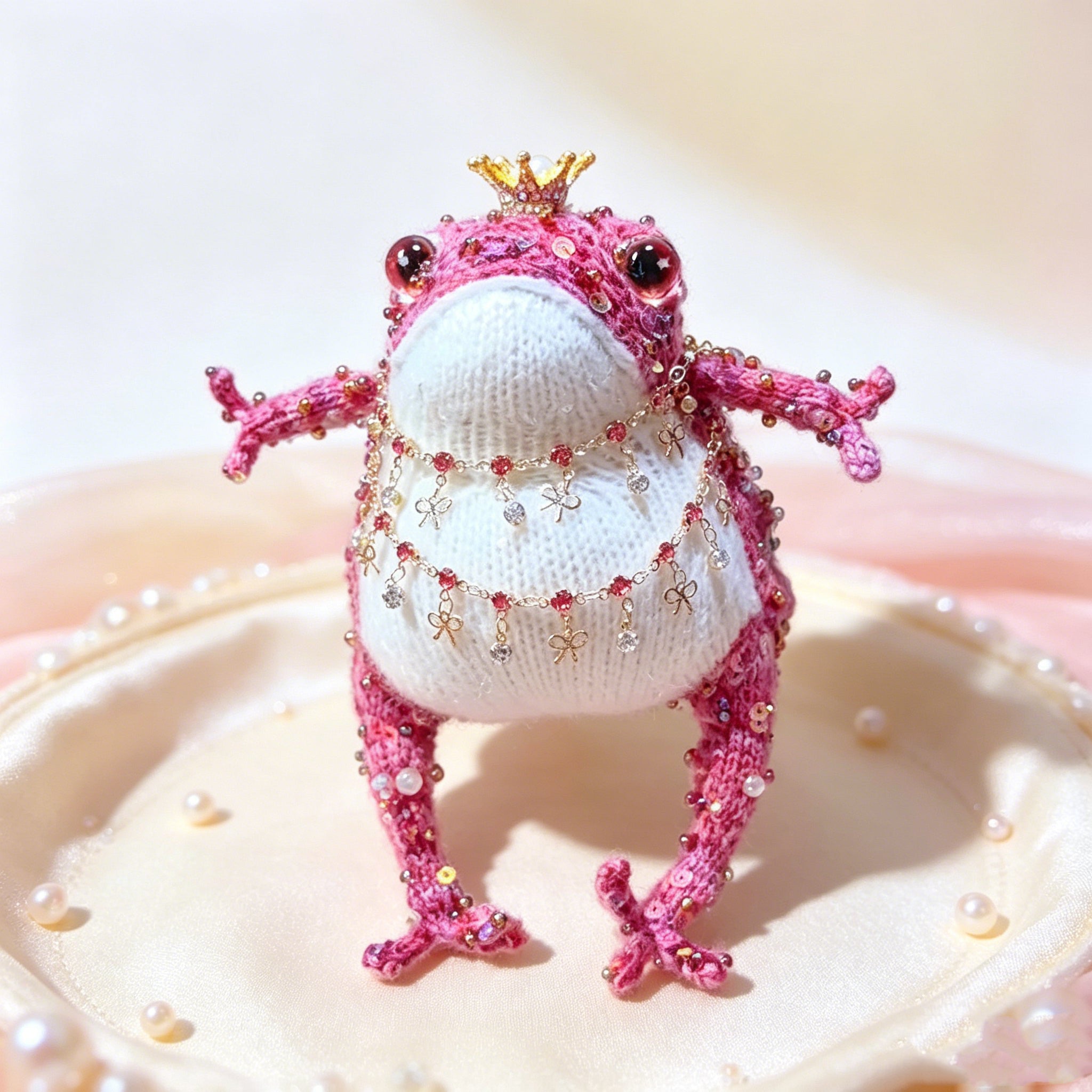 Royal Toad Trio – Set of 3 Hand-Knitted Figurines in Rainbow Multicolor, Deep Violet &amp; Bright Pink with Gold/Silver Crowns, Layered Chain Necklaces &amp; Crystal Pendants | The Third Space
