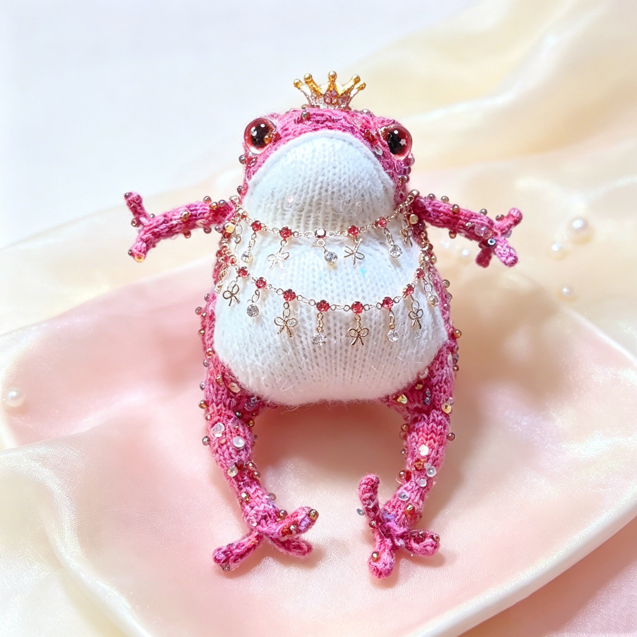 Royal Toad Trio – Set of 3 Hand-Knitted Figurines in Rainbow Multicolor, Deep Violet &amp; Bright Pink with Gold/Silver Crowns, Layered Chain Necklaces &amp; Crystal Pendants | The Third Space