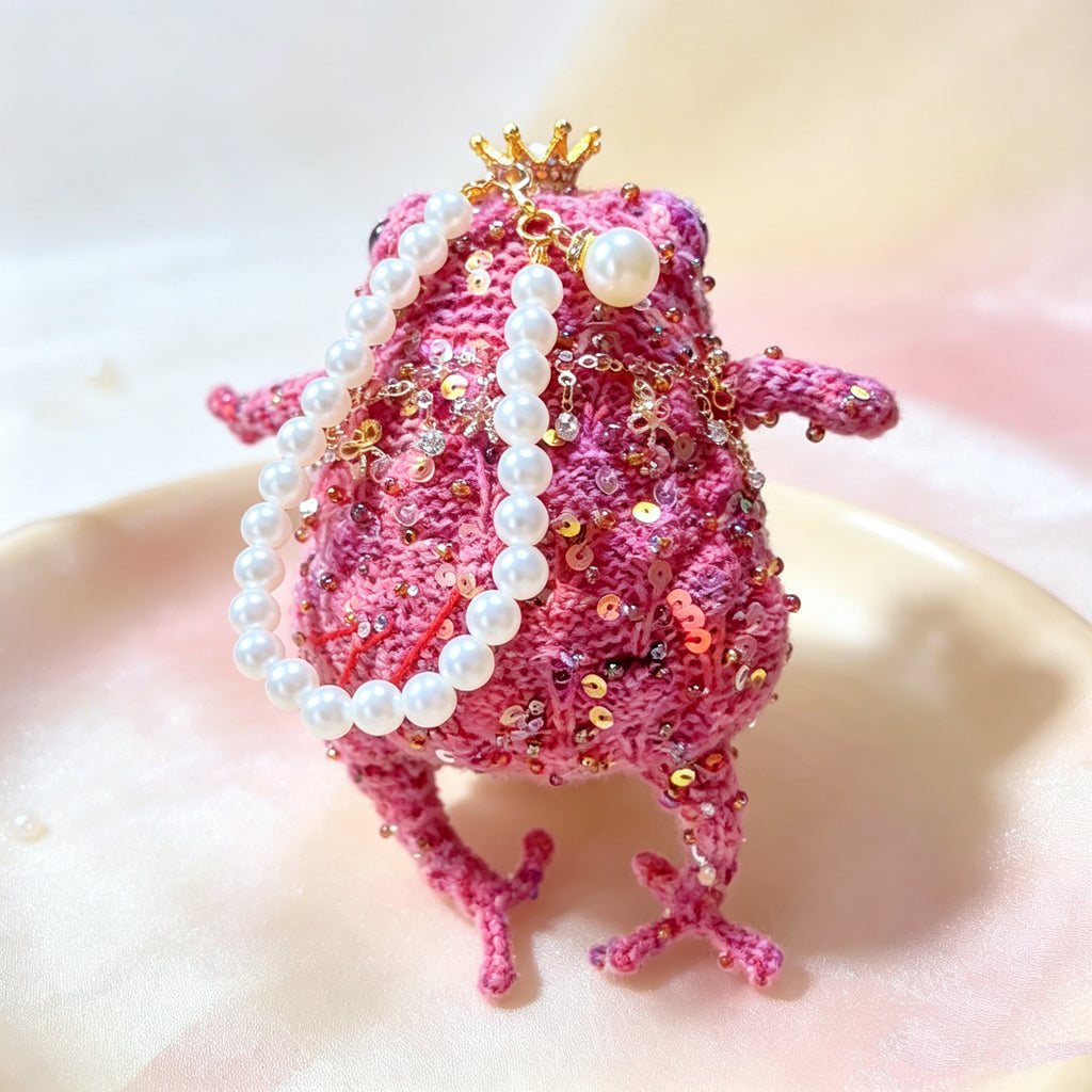 Royal Toad Trio – Set of 3 Hand-Knitted Figurines in Rainbow Multicolor, Deep Violet &amp; Bright Pink with Gold/Silver Crowns, Layered Chain Necklaces &amp; Crystal Pendants | The Third Space
