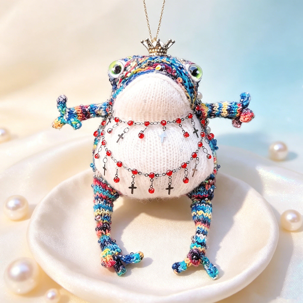 Royal Toad Trio – Set of 3 Hand-Knitted Figurines in Rainbow Multicolor, Deep Violet &amp; Bright Pink with Gold/Silver Crowns, Layered Chain Necklaces &amp; Crystal Pendants | The Third Space