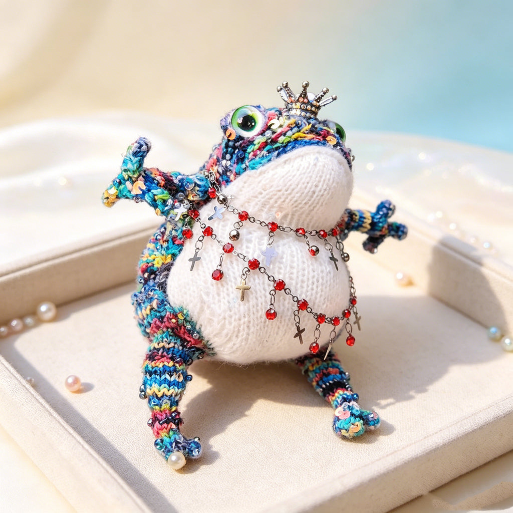 Royal Toad Trio – Set of 3 Hand-Knitted Figurines in Rainbow Multicolor, Deep Violet &amp; Bright Pink with Gold/Silver Crowns, Layered Chain Necklaces &amp; Crystal Pendants | The Third Space