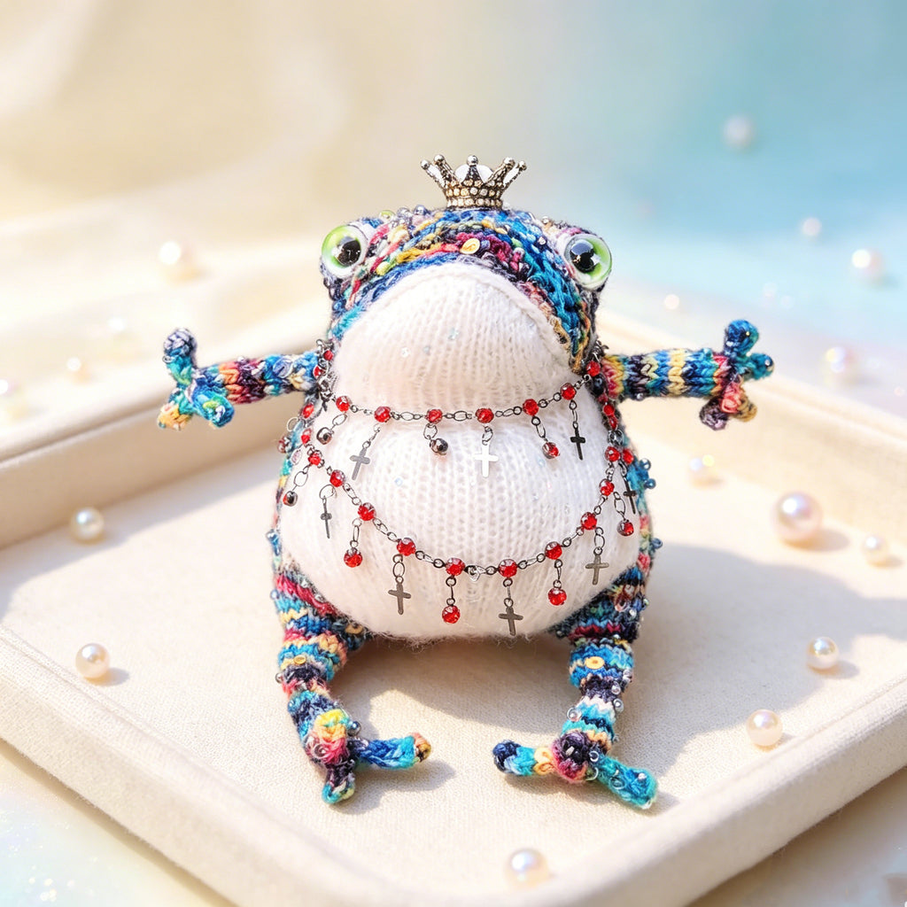 Royal Toad Trio – Set of 3 Hand-Knitted Figurines in Rainbow Multicolor, Deep Violet &amp; Bright Pink with Gold/Silver Crowns, Layered Chain Necklaces &amp; Crystal Pendants | The Third Space