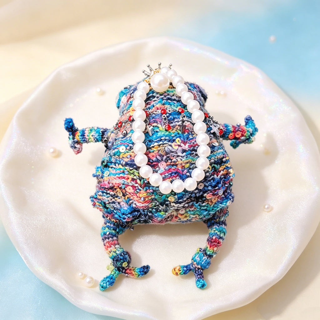 Royal Toad Trio – Set of 3 Hand-Knitted Figurines in Rainbow Multicolor, Deep Violet &amp; Bright Pink with Gold/Silver Crowns, Layered Chain Necklaces &amp; Crystal Pendants | The Third Space