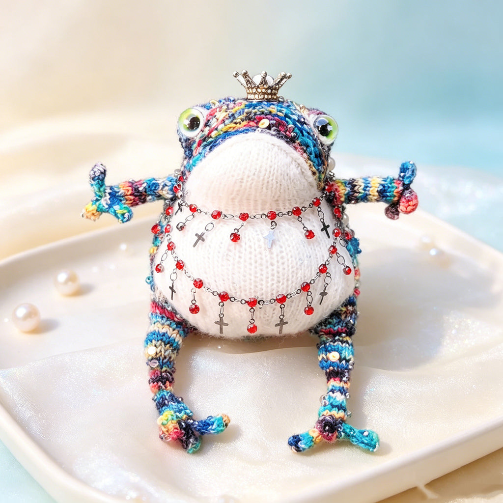 Royal Toad Trio – Set of 3 Hand-Knitted Figurines in Rainbow Multicolor, Deep Violet &amp; Bright Pink with Gold/Silver Crowns, Layered Chain Necklaces &amp; Crystal Pendants | The Third Space