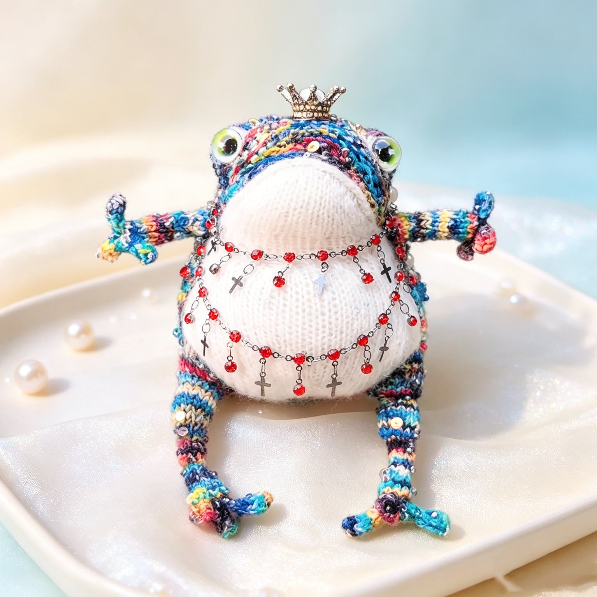 Royal Toad Trio – Set of 3 Hand-Knitted Figurines in Rainbow Multicolor, Deep Violet &amp; Bright Pink with Gold/Silver Crowns, Layered Chain Necklaces &amp; Crystal Pendants | The Third Space