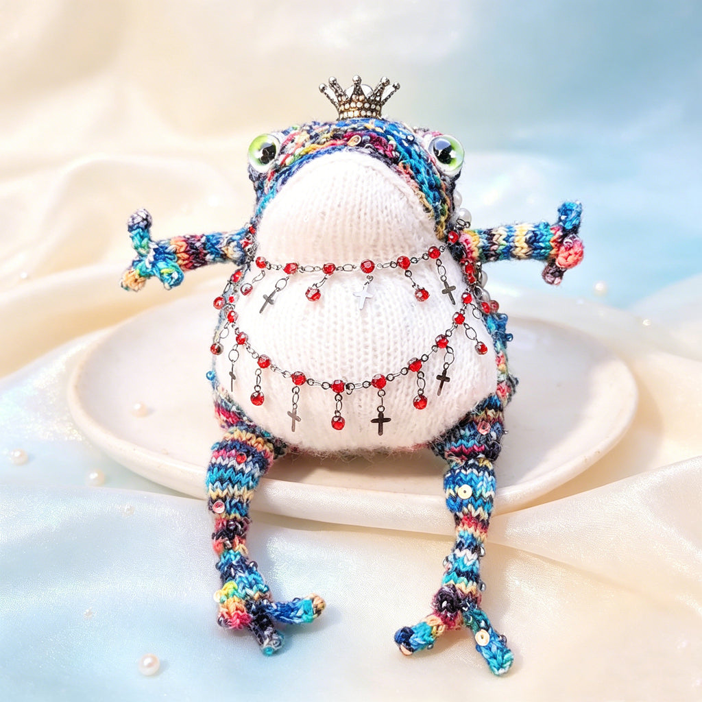Royal Toad Trio – Set of 3 Hand-Knitted Figurines in Rainbow Multicolor, Deep Violet &amp; Bright Pink with Gold/Silver Crowns, Layered Chain Necklaces &amp; Crystal Pendants | The Third Space
