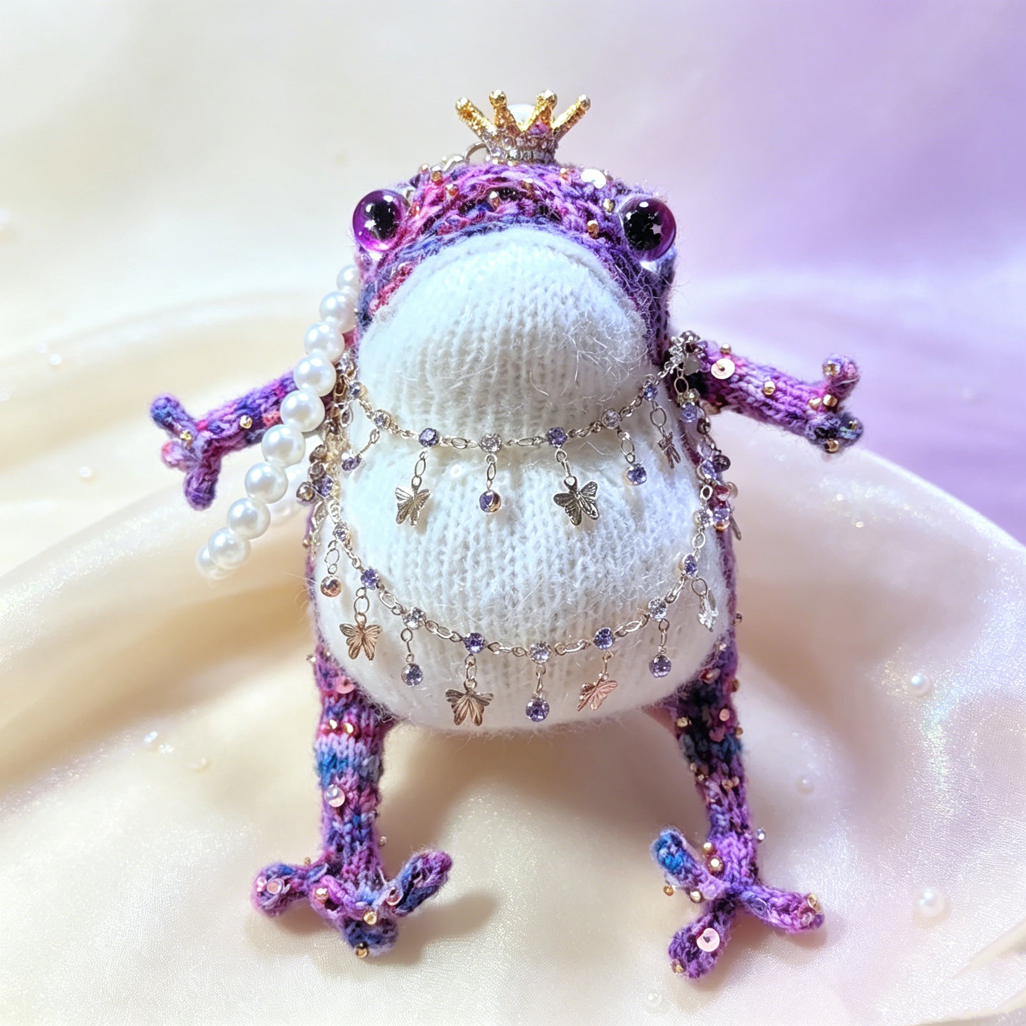 Royal Toad Trio – Set of 3 Hand-Knitted Figurines in Rainbow Multicolor, Deep Violet &amp; Bright Pink with Gold/Silver Crowns, Layered Chain Necklaces &amp; Crystal Pendants | The Third Space