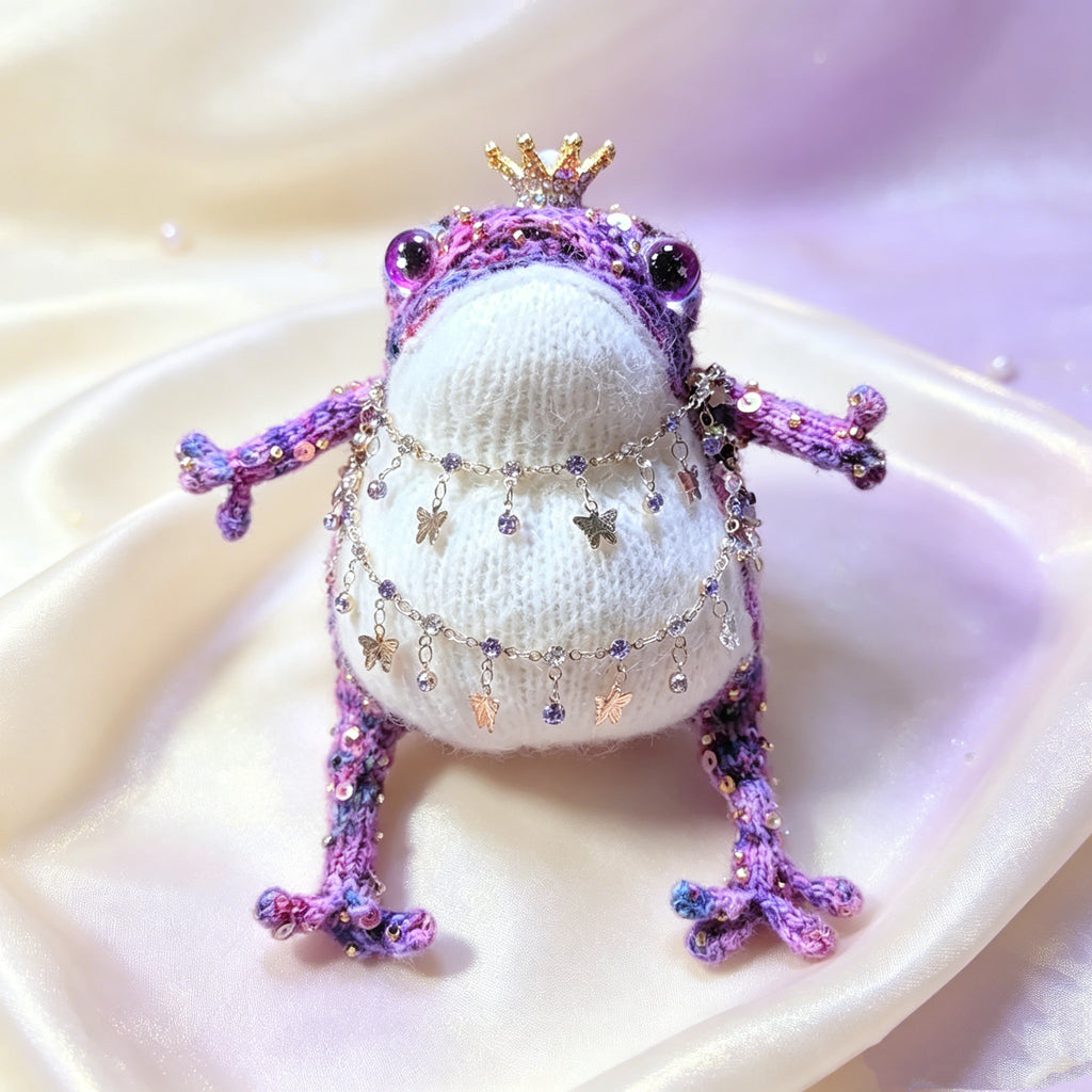 Royal Toad Trio – Set of 3 Hand-Knitted Figurines in Rainbow Multicolor, Deep Violet &amp; Bright Pink with Gold/Silver Crowns, Layered Chain Necklaces &amp; Crystal Pendants | The Third Space