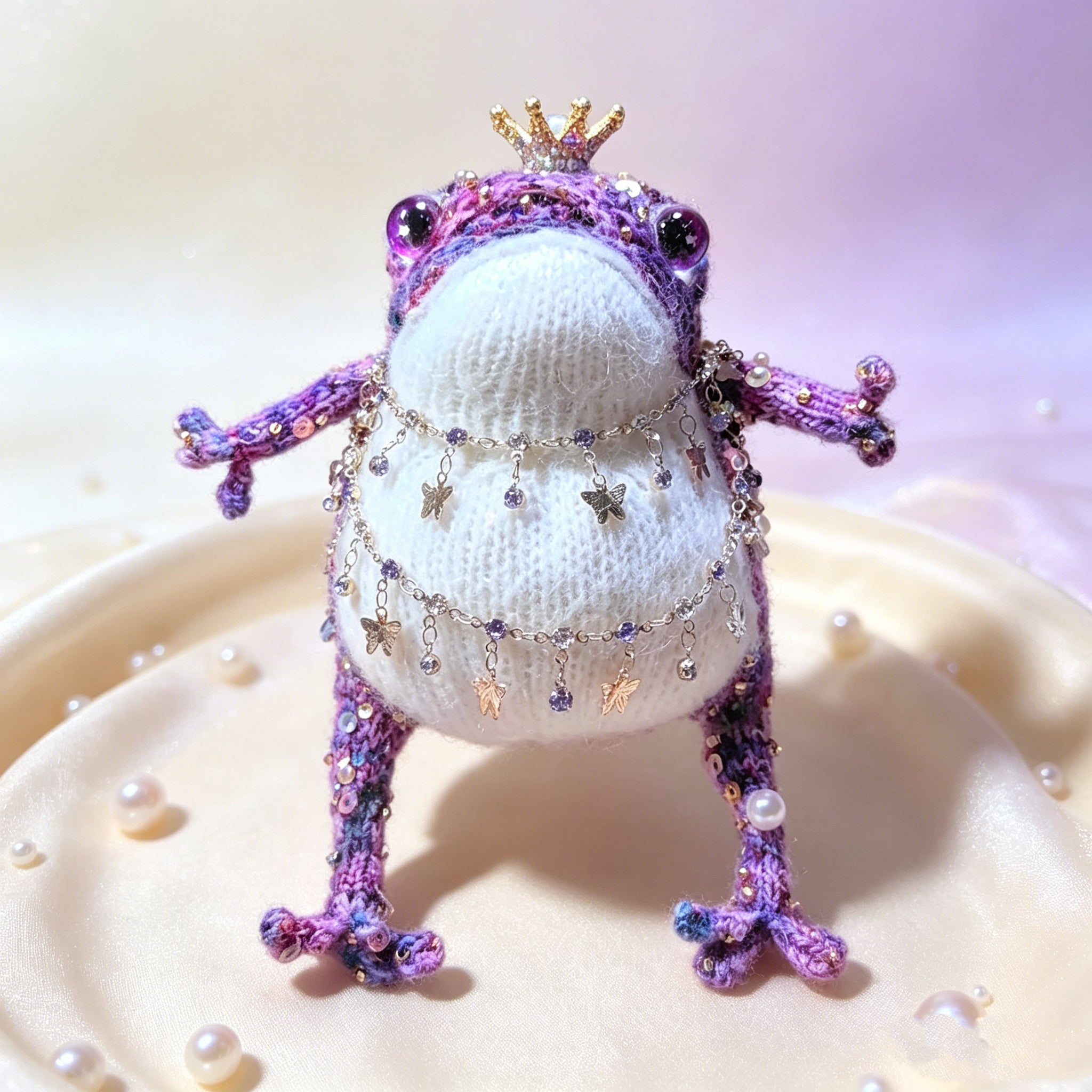 Royal Toad Trio – Set of 3 Hand-Knitted Figurines in Rainbow Multicolor, Deep Violet &amp; Bright Pink with Gold/Silver Crowns, Layered Chain Necklaces &amp; Crystal Pendants | The Third Space