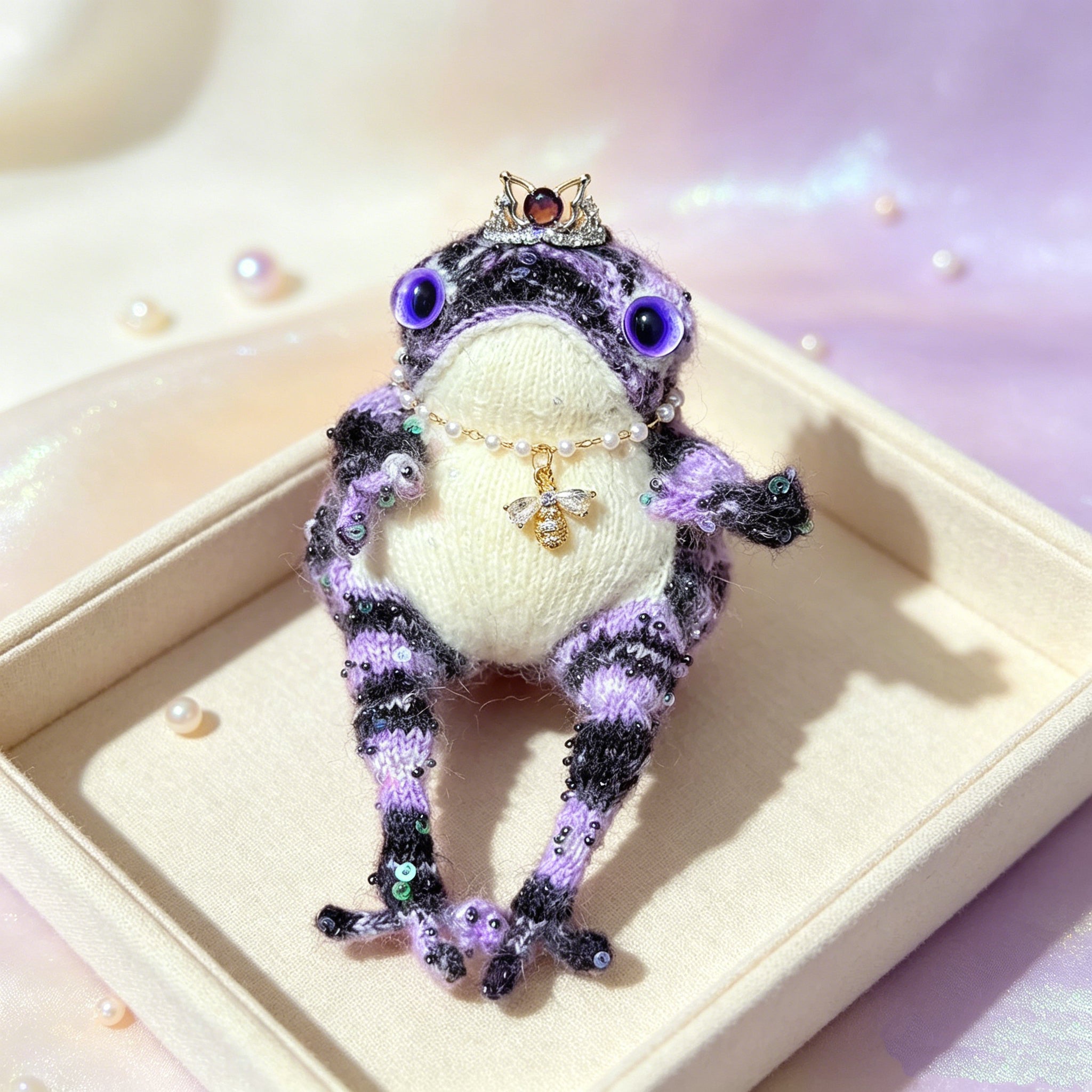 Sapphire-Eyed Mystic Toad – Hand-Knitted Figurine with Silver Crown, Purple Heart Gem, Pearl Necklace, Golden Bee Pendant &amp; Sequin Accents | The Third Space