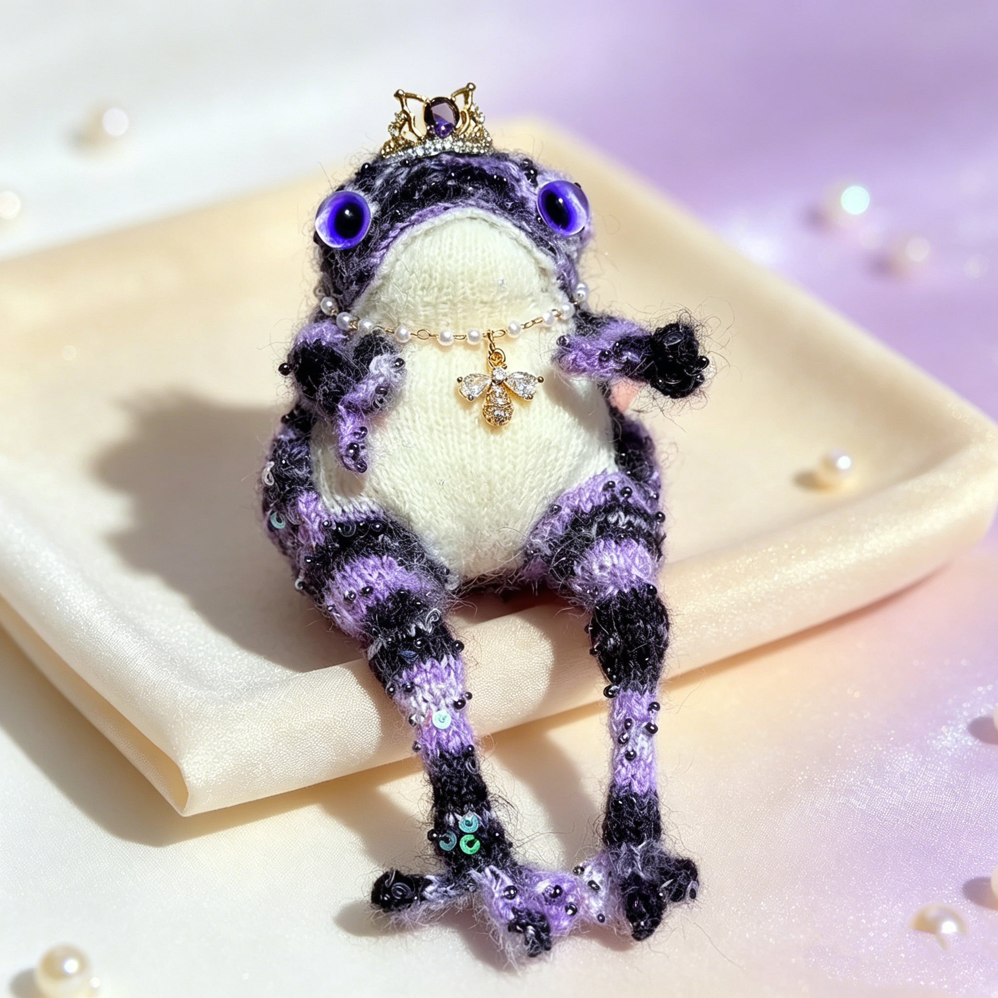 Sapphire-Eyed Mystic Toad – Hand-Knitted Figurine with Silver Crown, Purple Heart Gem, Pearl Necklace, Golden Bee Pendant &amp; Sequin Accents | The Third Space