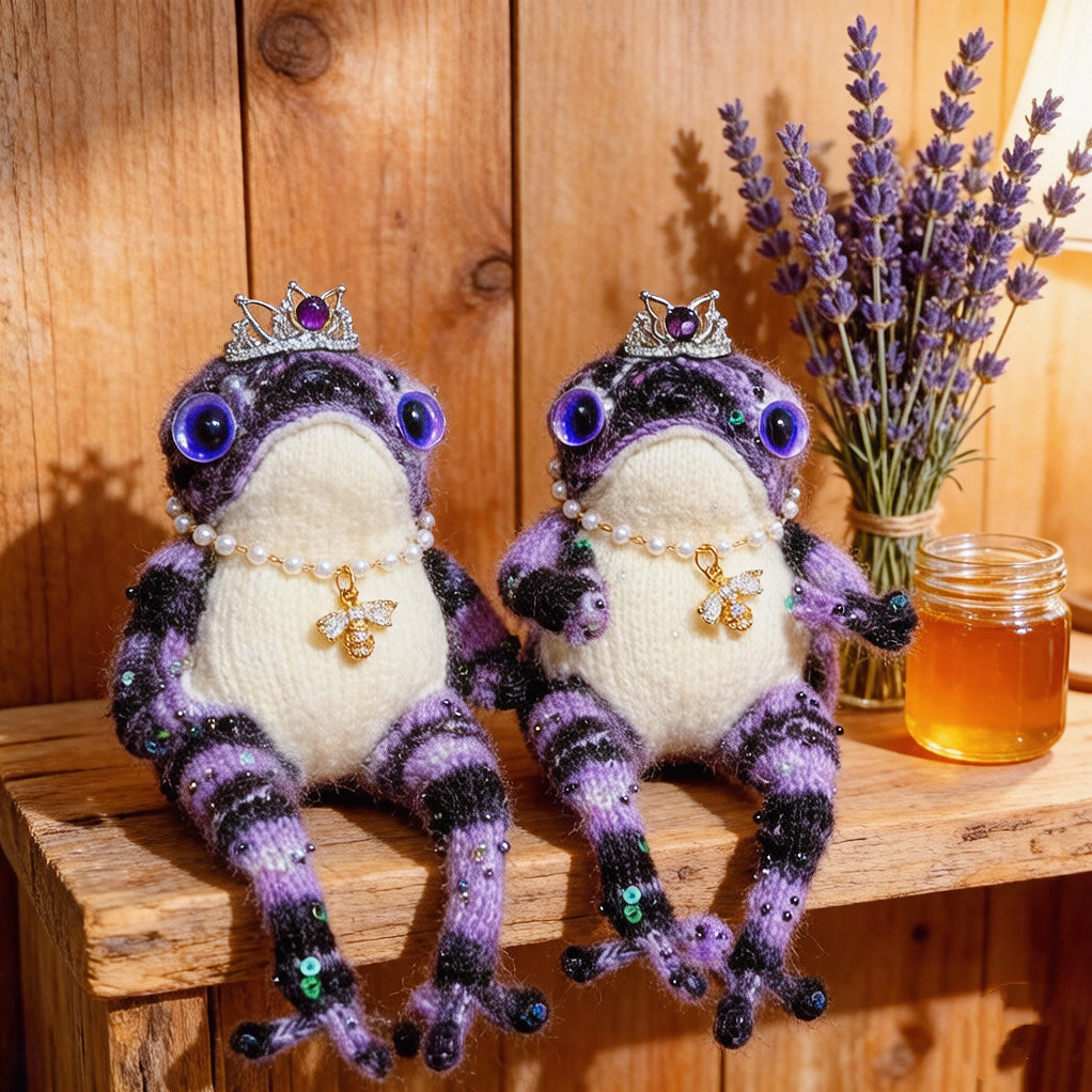 Sapphire-Eyed Mystic Toad – Hand-Knitted Figurine with Silver Crown, Purple Heart Gem, Pearl Necklace, Golden Bee Pendant &amp; Sequin Accents | The Third Space