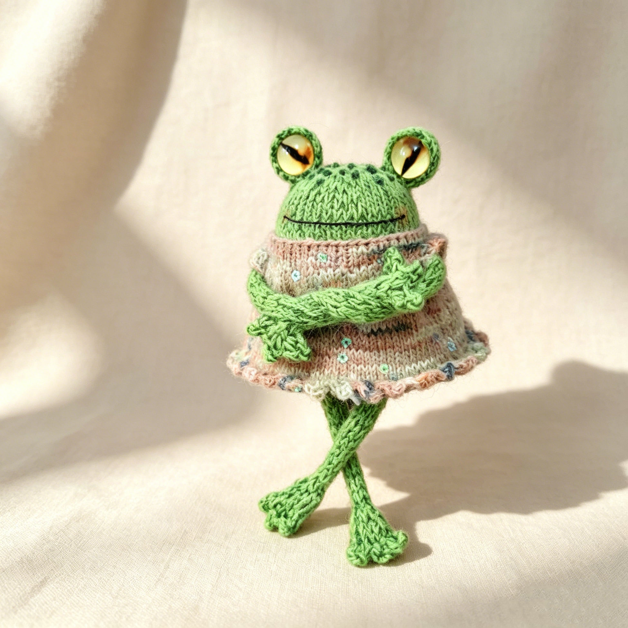 Dress-Up Frog – Hand-Knitted Customizable Figurine with Removable Skirt, Interchangeable Eye Colors &amp; Crochet-Knit Dual Technique | The Third Space