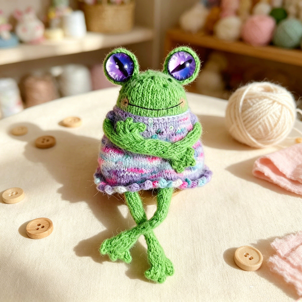 Dress-Up Frog – Hand-Knitted Customizable Figurine with Removable Skirt, Interchangeable Eye Colors &amp; Crochet-Knit Dual Technique | The Third Space