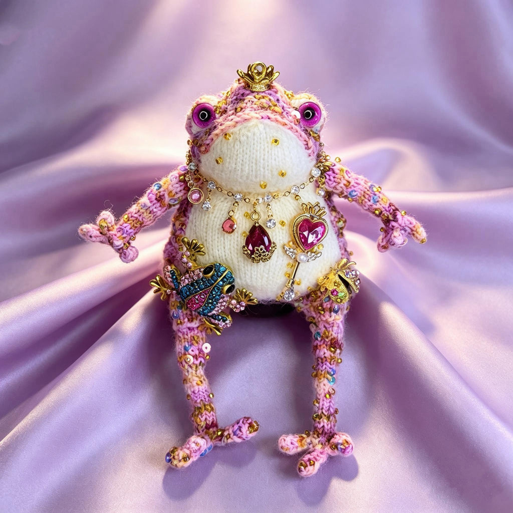 The Toad Who Inherited a Jewel Box – Hand-Knitted Royal Toad in Pink-Purple Gold-Thread Yarn with Gold Crown, Ruby Heart Pendants, Diamond Teardrop Chains, Vintage Frog Brooch &amp; Crystal Ladybug | The Third Space