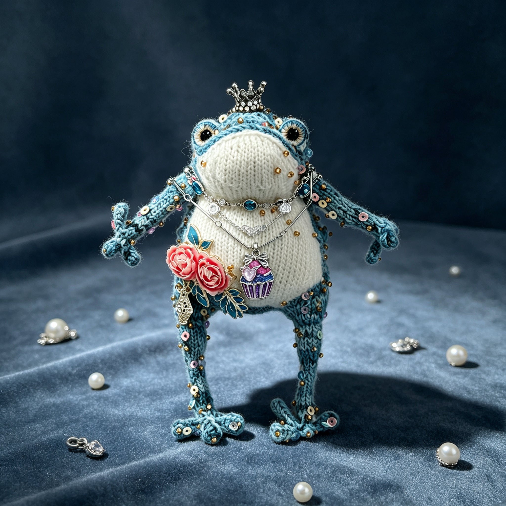 The Toad Who Opened a Bakery – Hand-Knitted Royal Toad with Silver Crown, Bakery Charm Necklace (Waffle, Macaron, Donut, Pretzel), Starry Cupcake Pendant &amp; Mini Bakery Prop Set | The Third Space