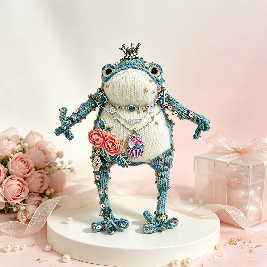 The Toad Who Opened a Bakery – Hand-Knitted Royal Toad with Silver Crown, Bakery Charm Necklace (Waffle, Macaron, Donut, Pretzel), Starry Cupcake Pendant &amp; Mini Bakery Prop Set | The Third Space