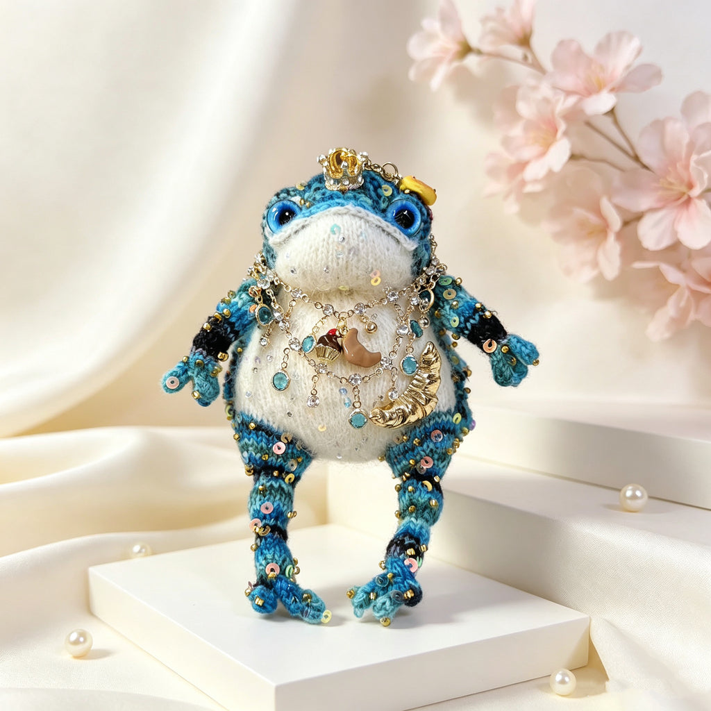The Baker of Sweets – Hand-Knitted Royal Toad with Gold Crown, Blue Glass Eyes, Dessert Pendant Necklace (Croissant, Donut, Macaron, Cupcake, Baguette) &amp; Sequin-Studded Blue Gradient Body | The Third Space
