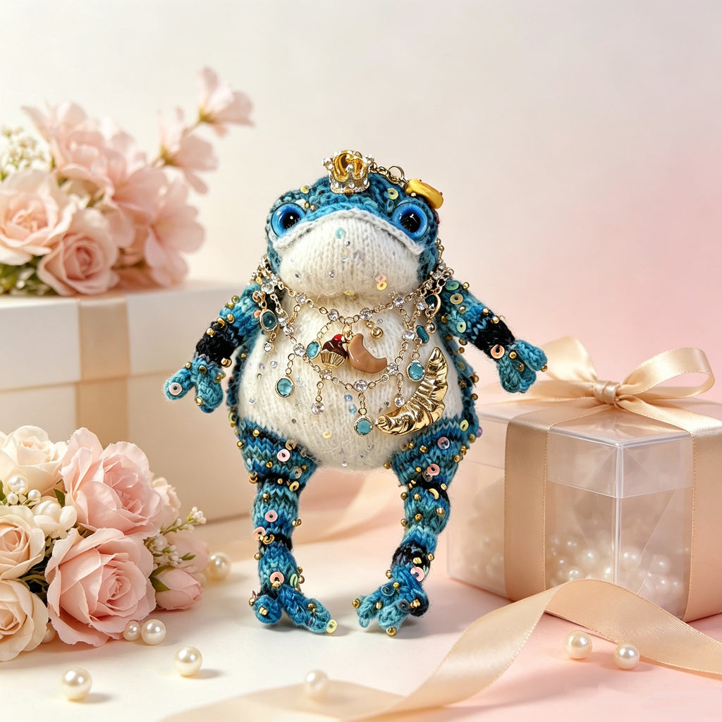 The Baker of Sweets – Hand-Knitted Royal Toad with Gold Crown, Blue Glass Eyes, Dessert Pendant Necklace (Croissant, Donut, Macaron, Cupcake, Baguette) &amp; Sequin-Studded Blue Gradient Body | The Third Space