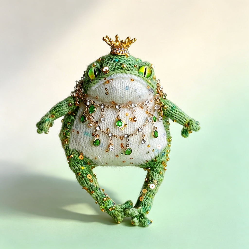 The Enchanted Emerald Toad – Hand-Knitted Royal Figurine with Gold Crown, Layered Emerald &amp; Crystal Necklaces, Sequin-Studded Green Limbs &amp; Glossy Green Glass Eyes | The Third Space