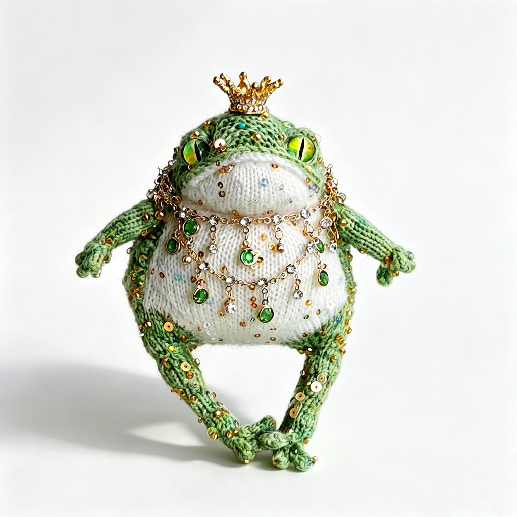 The Enchanted Emerald Toad – Hand-Knitted Royal Figurine with Gold Crown, Layered Emerald &amp; Crystal Necklaces, Sequin-Studded Green Limbs &amp; Glossy Green Glass Eyes | The Third Space