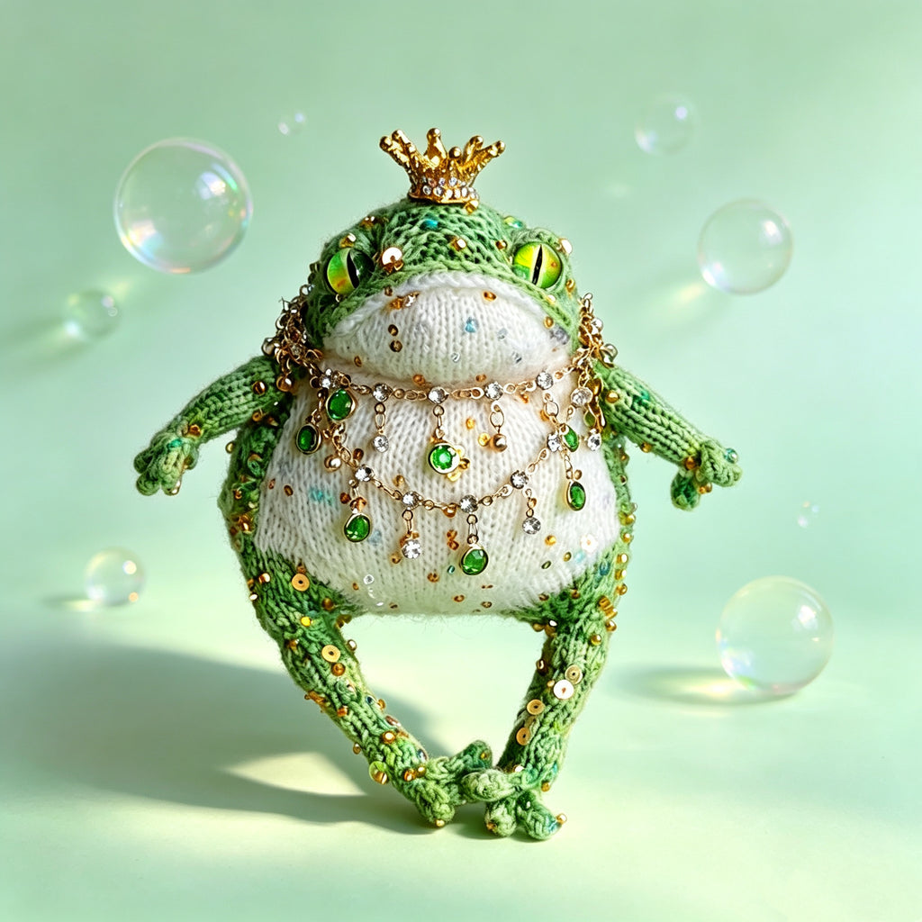 The Enchanted Emerald Toad – Hand-Knitted Royal Figurine with Gold Crown, Layered Emerald &amp; Crystal Necklaces, Sequin-Studded Green Limbs &amp; Glossy Green Glass Eyes | The Third Space