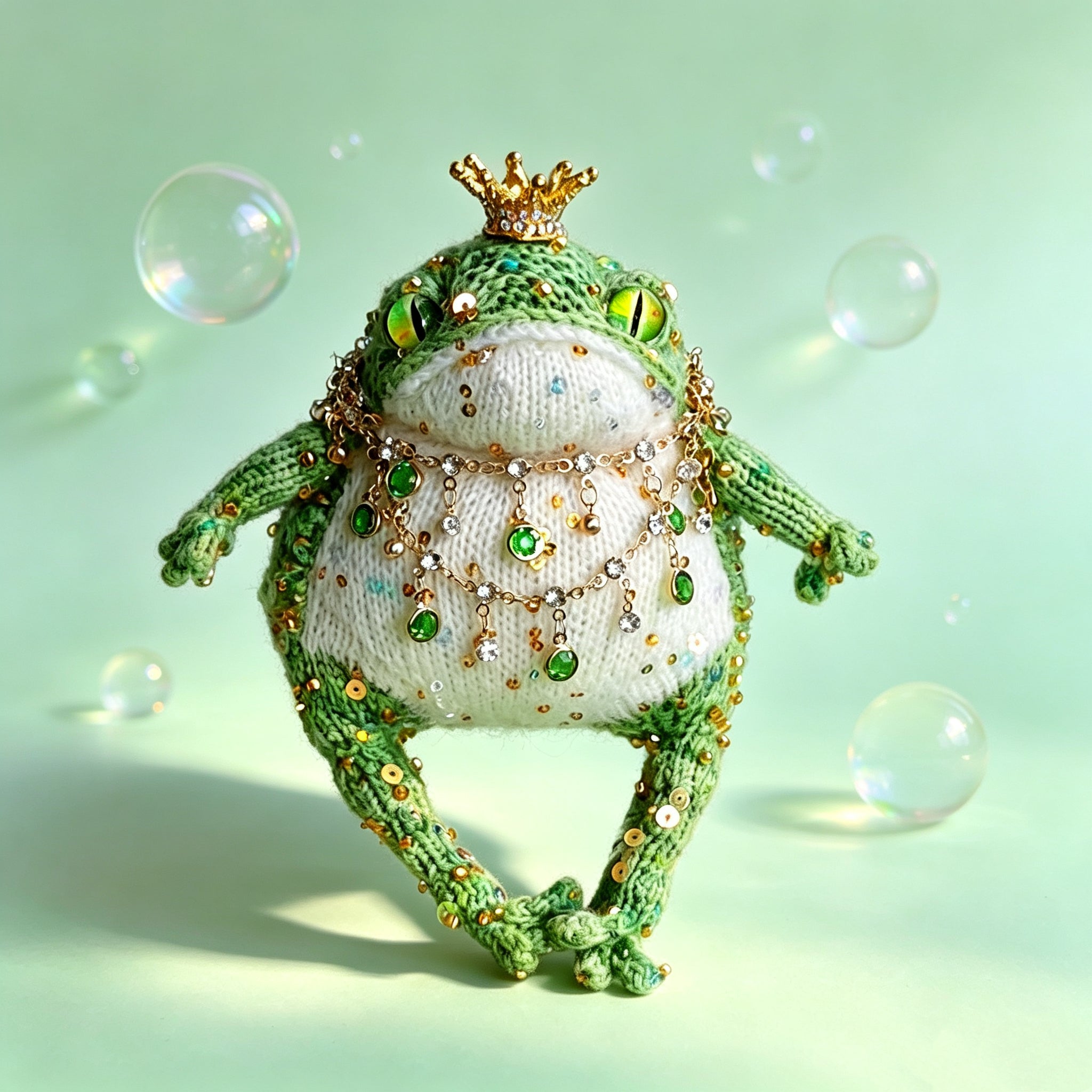 The Enchanted Emerald Toad – Hand-Knitted Royal Figurine with Gold Crown, Layered Emerald &amp; Crystal Necklaces, Sequin-Studded Green Limbs &amp; Glossy Green Glass Eyes | The Third Space