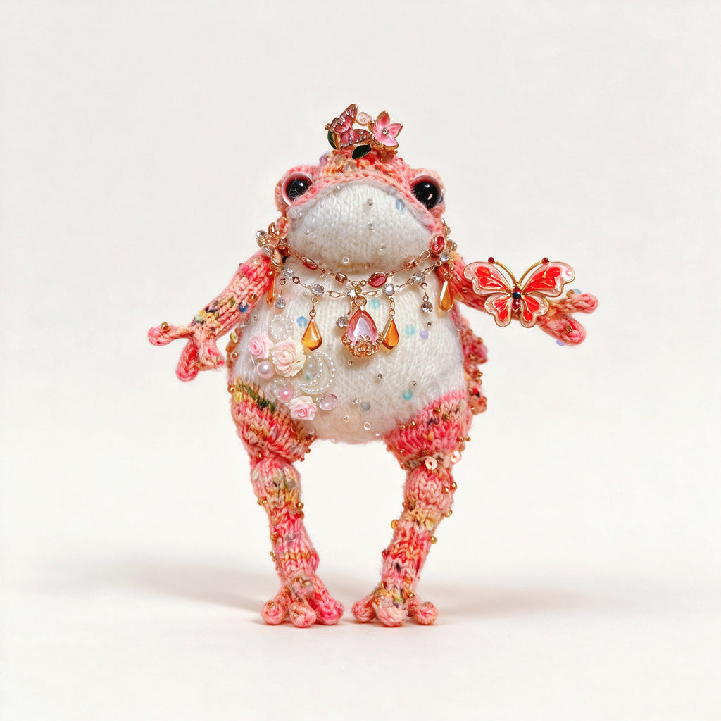 Rosy Crown Toad – Bejeweled Princess Edition | Handmade Crochet TOAD with Butterfly Brooch, Crystal Crown & Pearl Necklace
