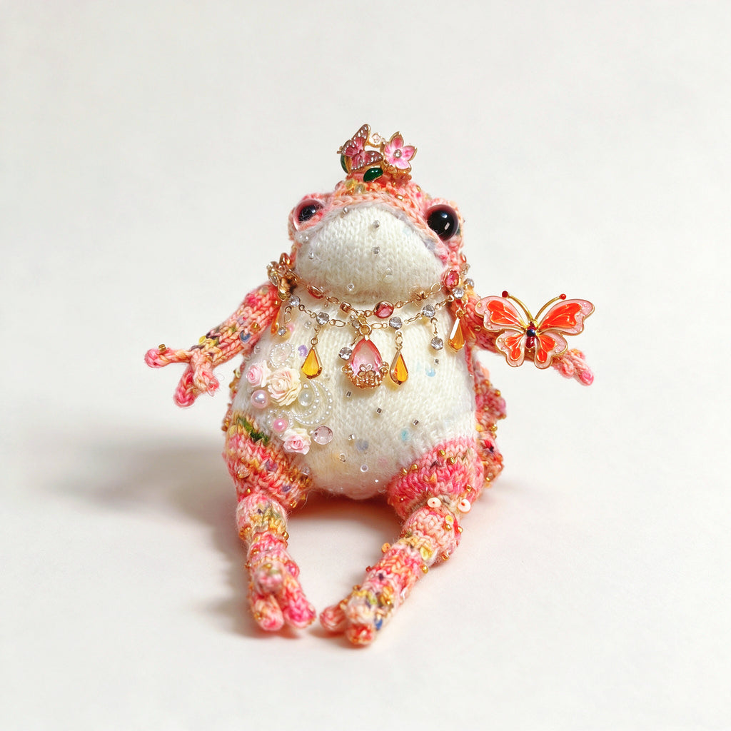 Rosy Crown Toad – Bejeweled Princess Edition | Handmade Crochet TOAD with Butterfly Brooch, Crystal Crown & Pearl Necklace