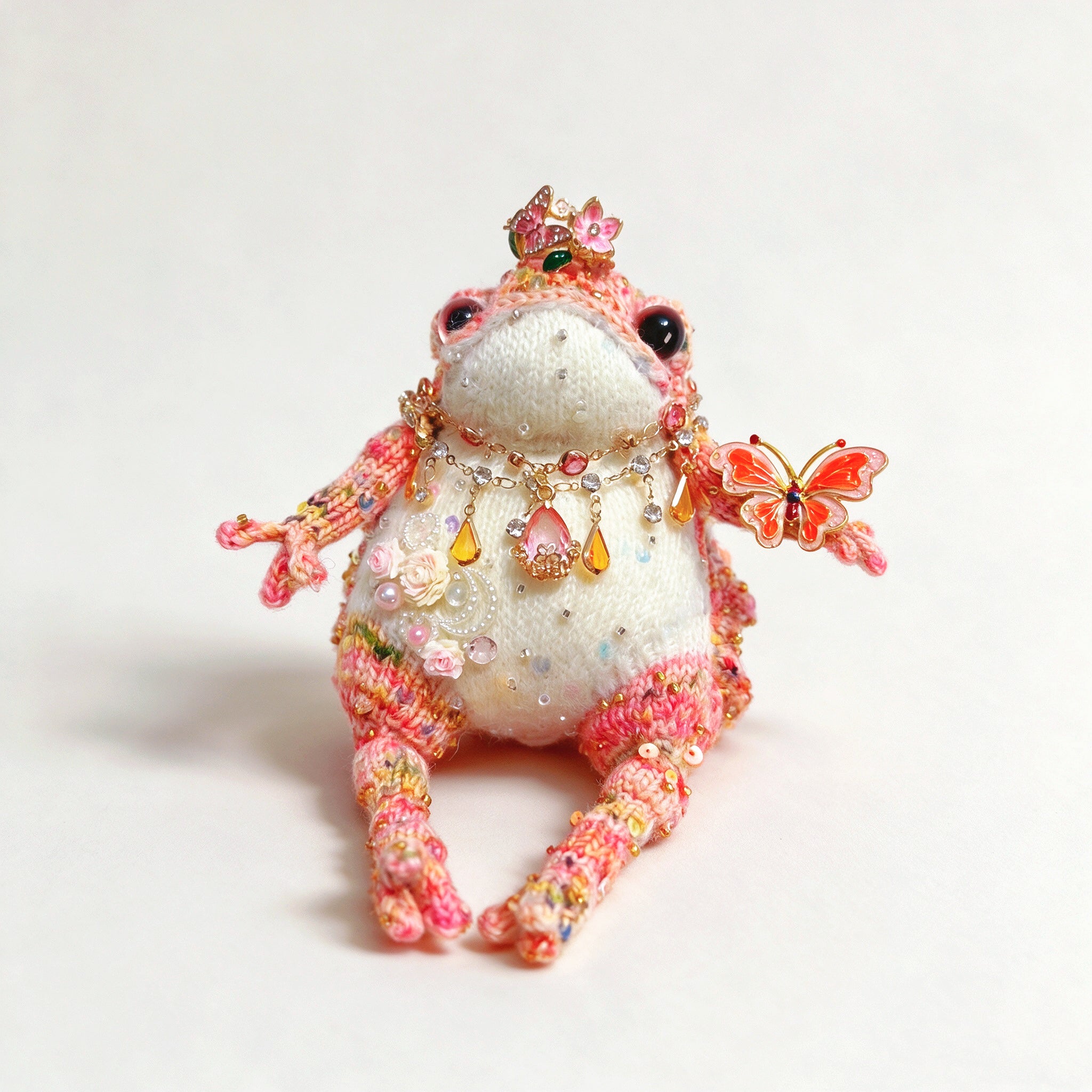 Rosy Crown Toad – Bejeweled Princess Edition | Handmade Crochet TOAD with Butterfly Brooch, Crystal Crown & Pearl Necklace