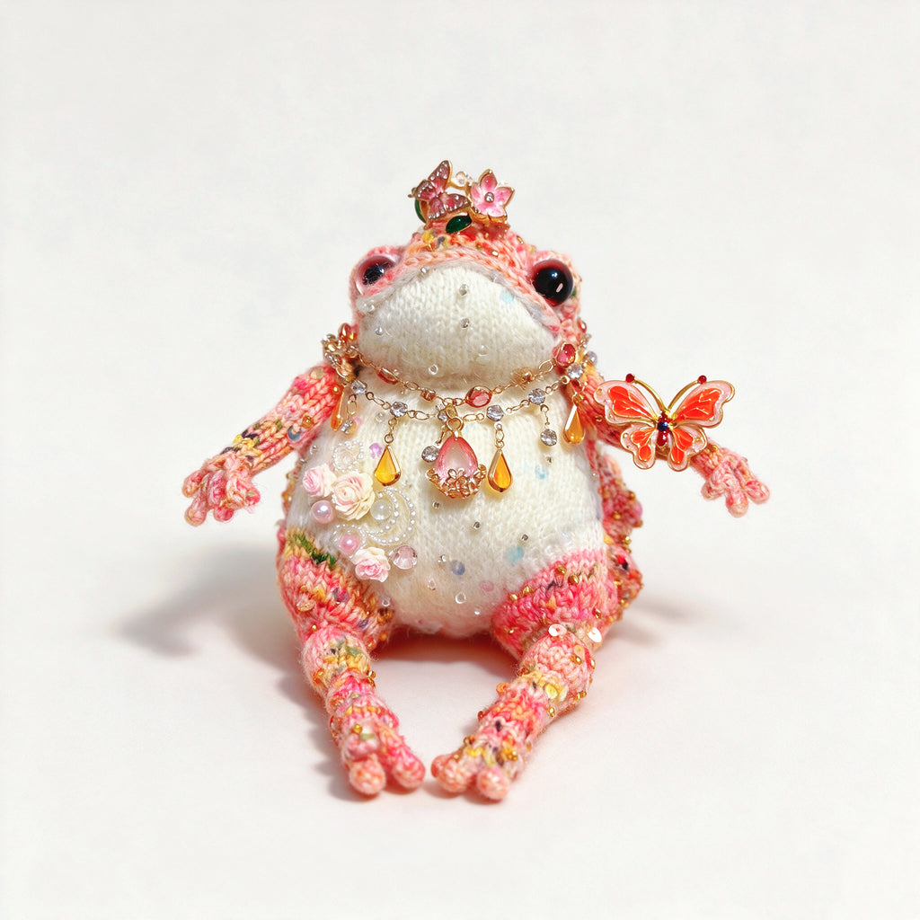 Rosy Crown Toad – Bejeweled Princess Edition | Handmade Crochet TOAD with Butterfly Brooch, Crystal Crown & Pearl Necklace