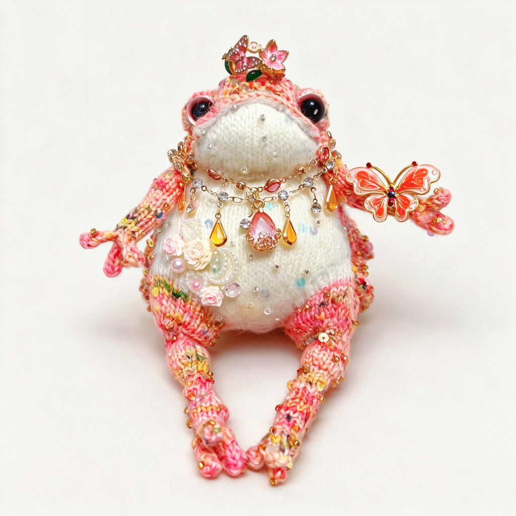 Rosy Crown Toad – Bejeweled Princess Edition | Handmade Crochet TOAD with Butterfly Brooch, Crystal Crown & Pearl Necklace