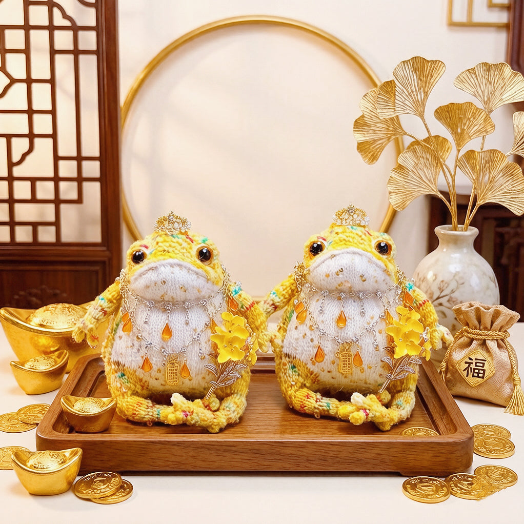 The Fortune-Bringer Toad – Hand-Knitted Golden Figurine with Crystal Crown, Amber Teardrop Pendants, Gold Bells, Floral Brooch &amp; a Lucky Phone Charm | The Third Space