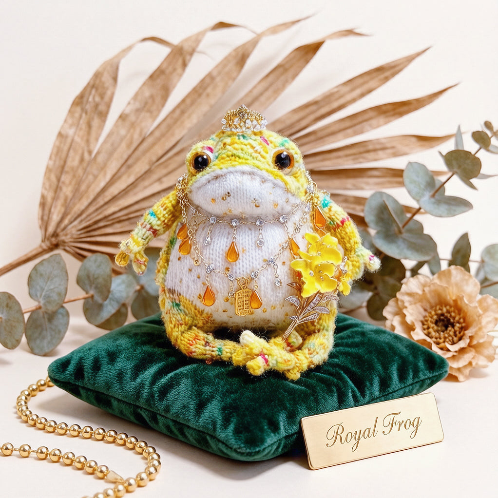 The Fortune-Bringer Toad – Hand-Knitted Golden Figurine with Crystal Crown, Amber Teardrop Pendants, Gold Bells, Floral Brooch &amp; a Lucky Phone Charm | The Third Space