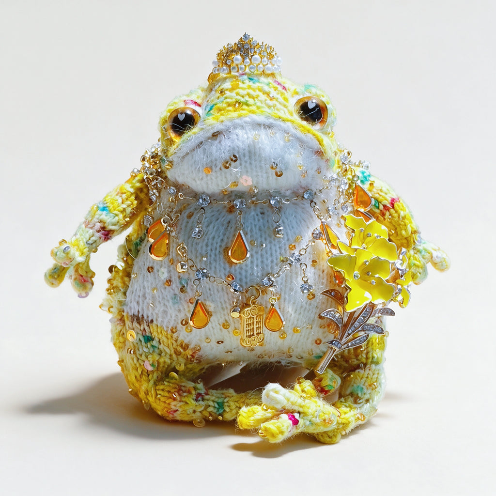The Fortune-Bringer Toad – Hand-Knitted Golden Figurine with Crystal Crown, Amber Teardrop Pendants, Gold Bells, Floral Brooch &amp; a Lucky Phone Charm | The Third Space