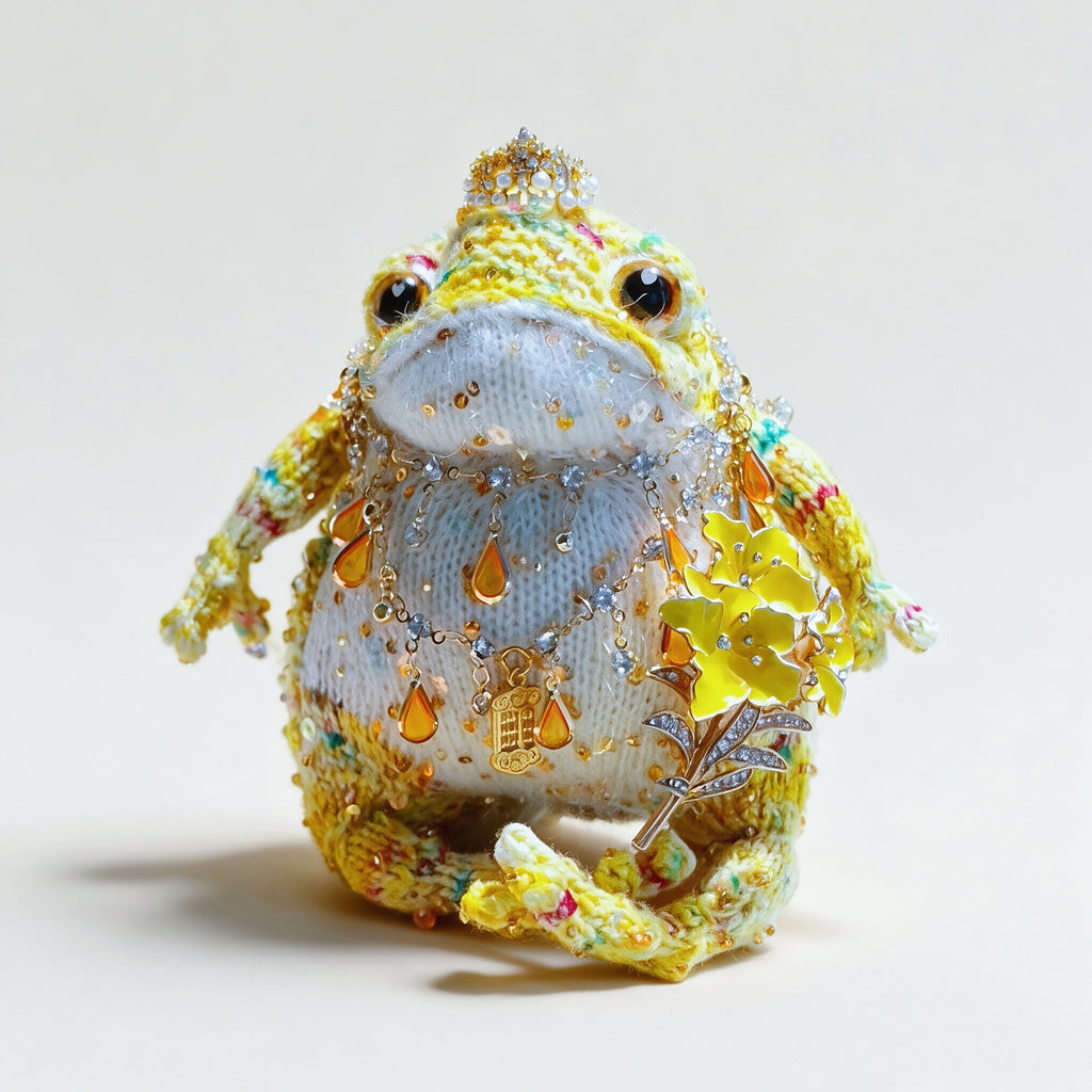 The Fortune-Bringer Toad – Hand-Knitted Golden Figurine with Crystal Crown, Amber Teardrop Pendants, Gold Bells, Floral Brooch &amp; a Lucky Phone Charm | The Third Space