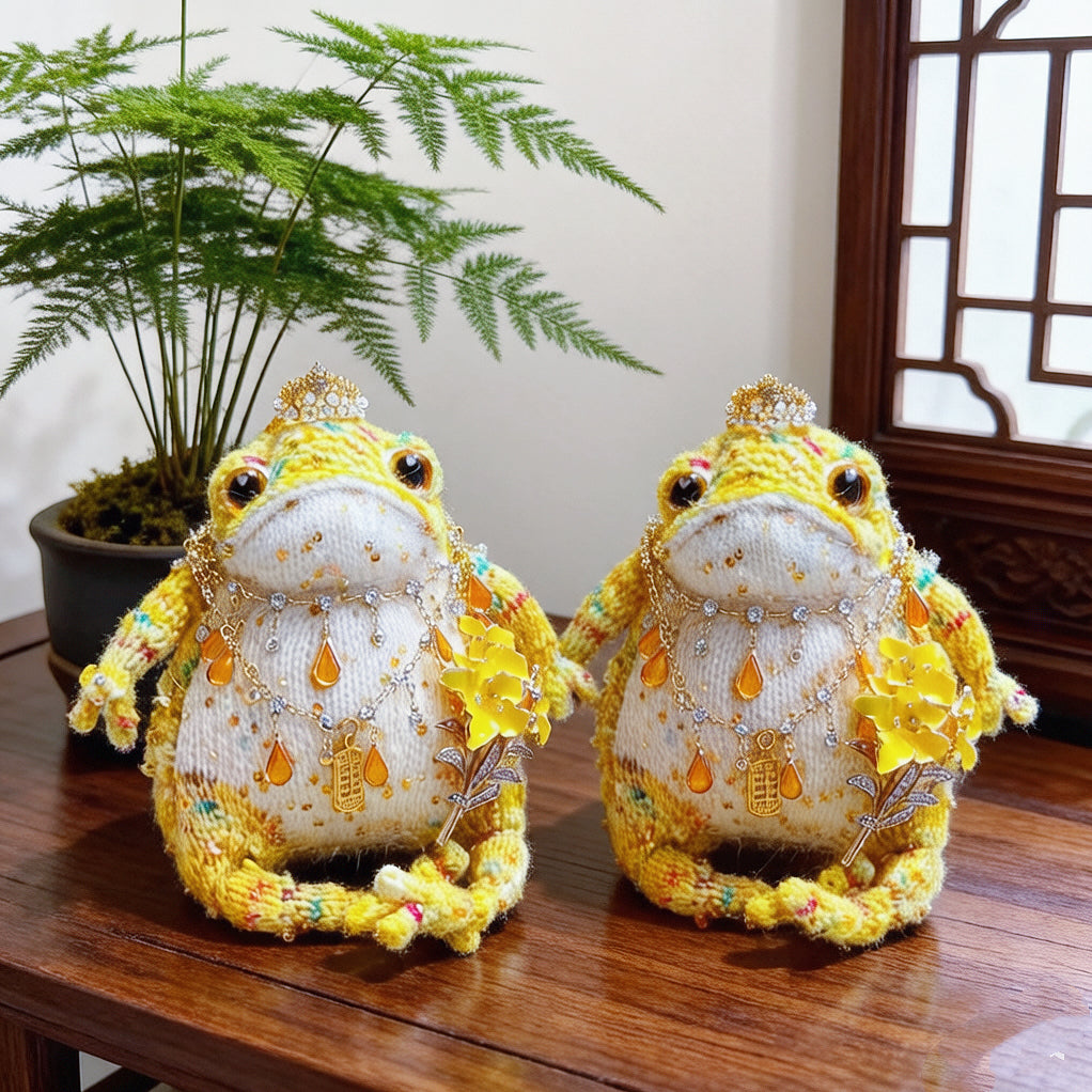 The Fortune-Bringer Toad – Hand-Knitted Golden Figurine with Crystal Crown, Amber Teardrop Pendants, Gold Bells, Floral Brooch &amp; a Lucky Phone Charm | The Third Space