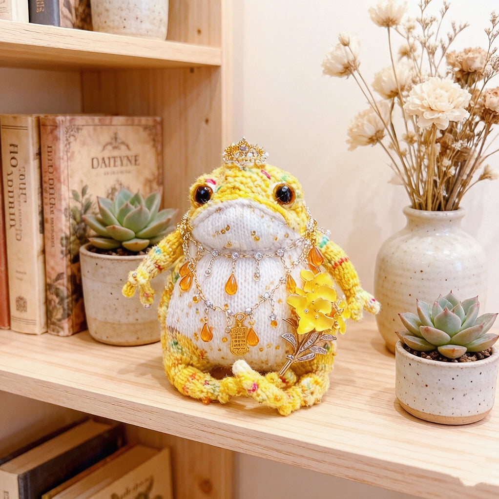 The Fortune-Bringer Toad – Hand-Knitted Golden Figurine with Crystal Crown, Amber Teardrop Pendants, Gold Bells, Floral Brooch &amp; a Lucky Phone Charm | The Third Space