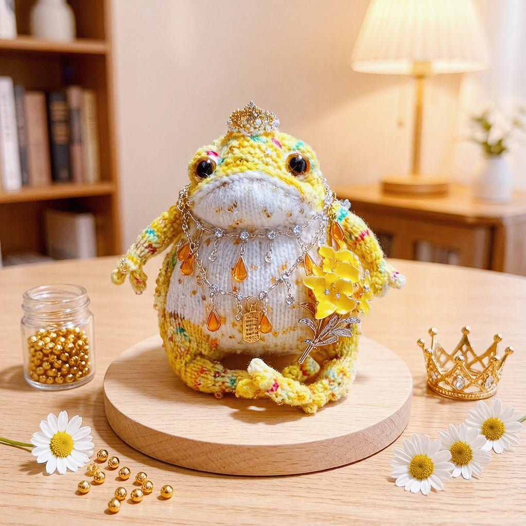 The Fortune-Bringer Toad – Hand-Knitted Golden Figurine with Crystal Crown, Amber Teardrop Pendants, Gold Bells, Floral Brooch &amp; a Lucky Phone Charm | The Third Space