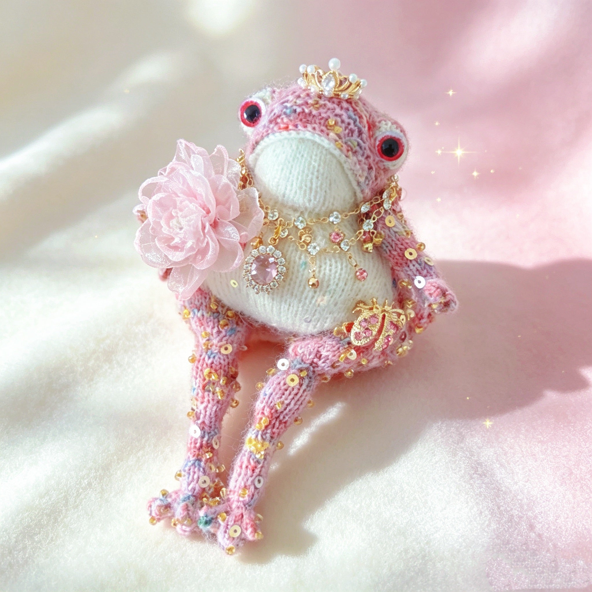 The Princess Toad Who Carried a Ruby Heart – Hand-Knitted Pink Figurine with Pearl Crystal Crown, Heart Pendant Necklace, Ladybug Brooch, Tulle Flower &amp; Sequin-Starred Limbs | The Third Space