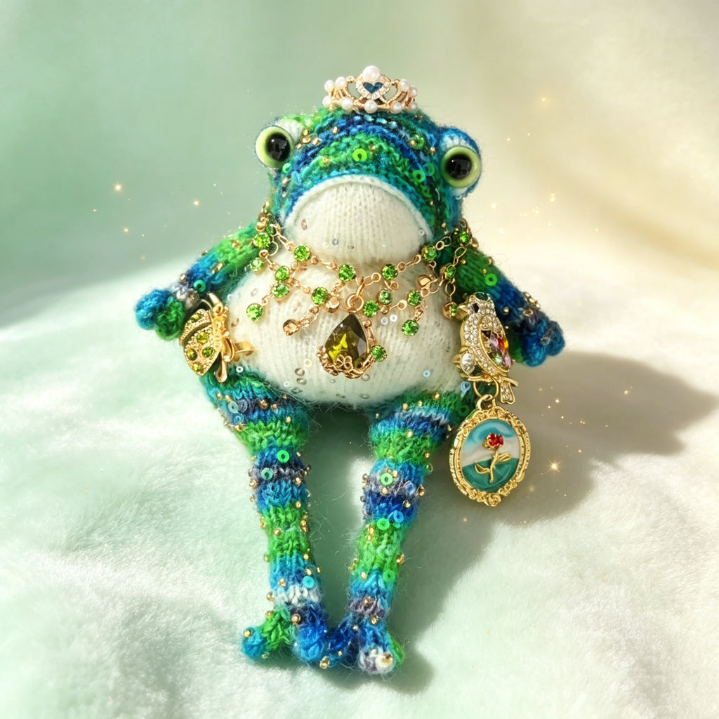The Sea-Gifted Toad – Hand-Knitted Ocean Fairy Figurine with Crown, Gold Ladybug, Jeweled Bird, Teardrop Ocean Gem, Rose-and-Sea Locket &amp; Sequin-Scaled Limbs | The Third Space