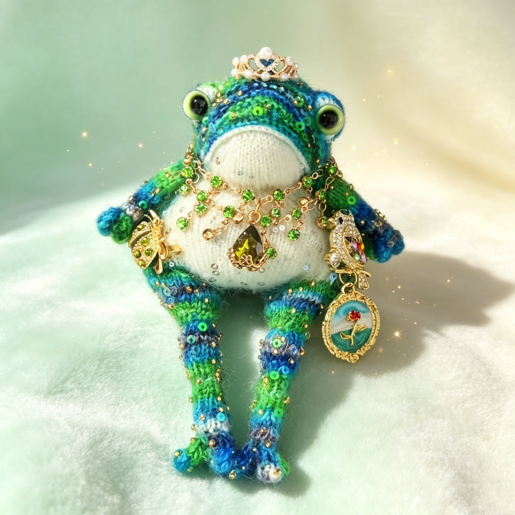 The Sea-Gifted Toad – Hand-Knitted Ocean Fairy Figurine with Crown, Gold Ladybug, Jeweled Bird, Teardrop Ocean Gem, Rose-and-Sea Locket &amp; Sequin-Scaled Limbs | The Third Space