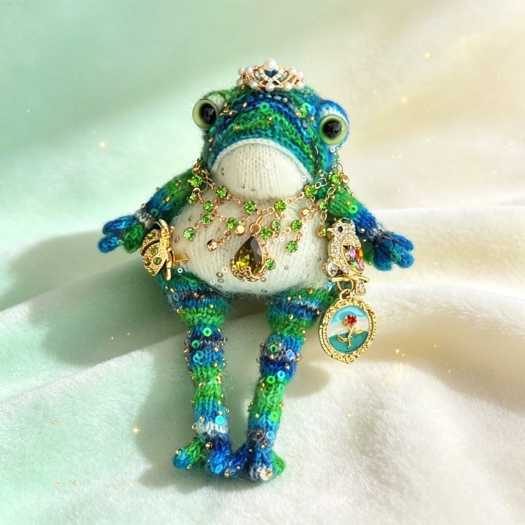 The Sea-Gifted Toad – Hand-Knitted Ocean Fairy Figurine with Crown, Gold Ladybug, Jeweled Bird, Teardrop Ocean Gem, Rose-and-Sea Locket &amp; Sequin-Scaled Limbs | The Third Space