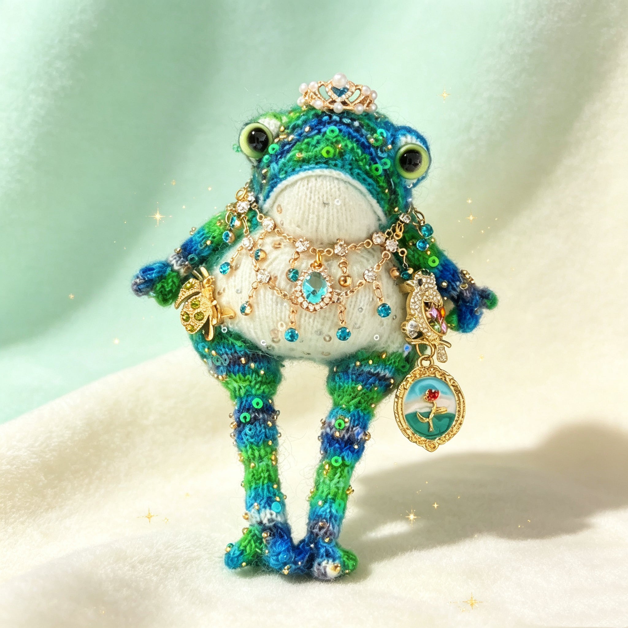 The Sea-Gifted Toad – Hand-Knitted Ocean Fairy Figurine with Crown, Gold Ladybug, Jeweled Bird, Teardrop Ocean Gem, Rose-and-Sea Locket &amp; Sequin-Scaled Limbs | The Third Space