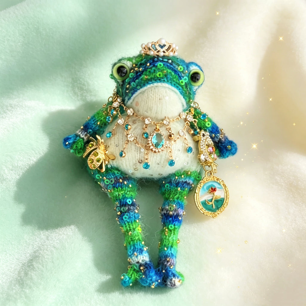 The Sea-Gifted Toad – Hand-Knitted Ocean Fairy Figurine with Crown, Gold Ladybug, Jeweled Bird, Teardrop Ocean Gem, Rose-and-Sea Locket &amp; Sequin-Scaled Limbs | The Third Space