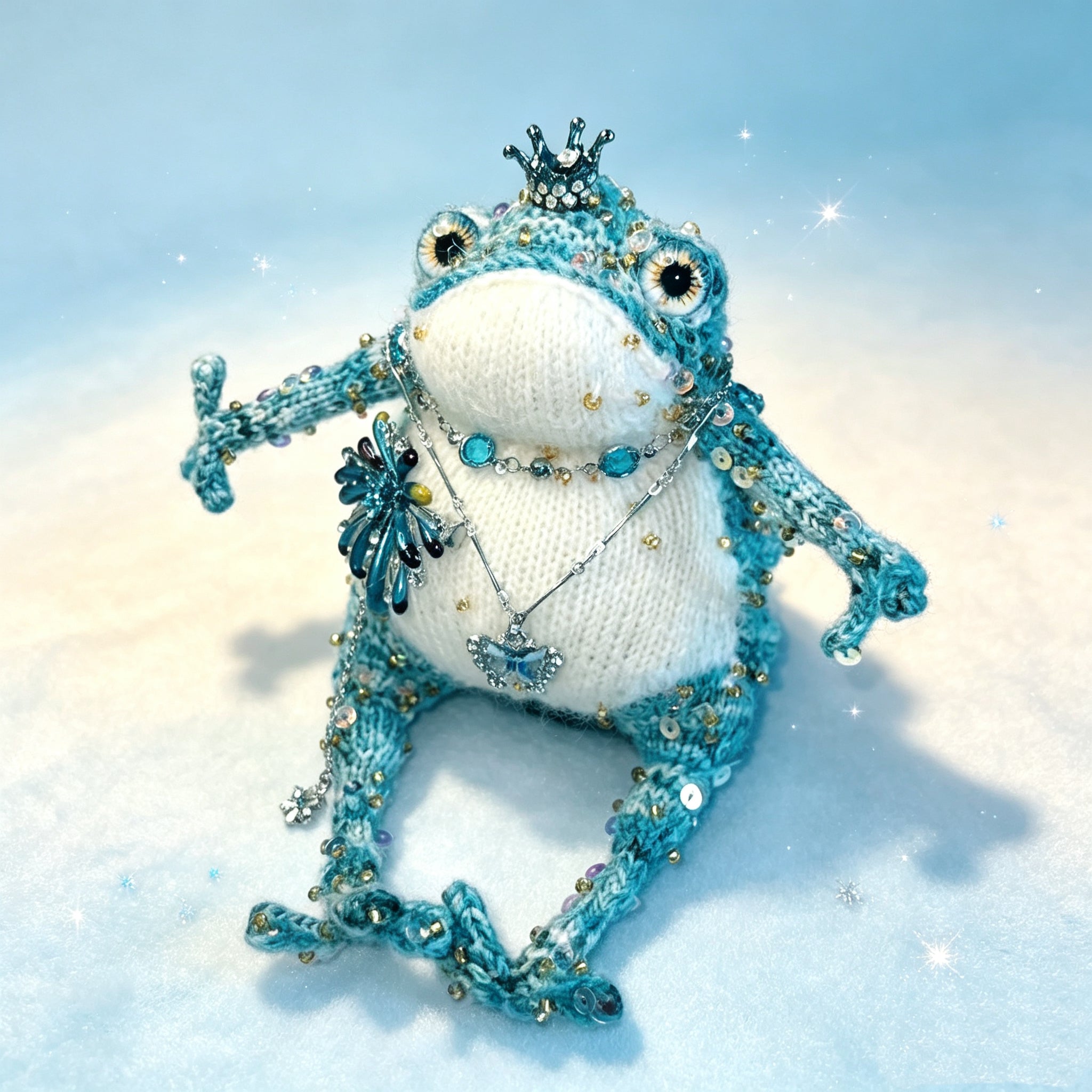The Toad Who Wears the Tide – Hand-Knitted Deep-Sea Noble with Crystal Crown, Butterfly Pendant, Coral-Like Brooch &amp; Sequin-Sealed Blue-Green Limbs | The Third Space