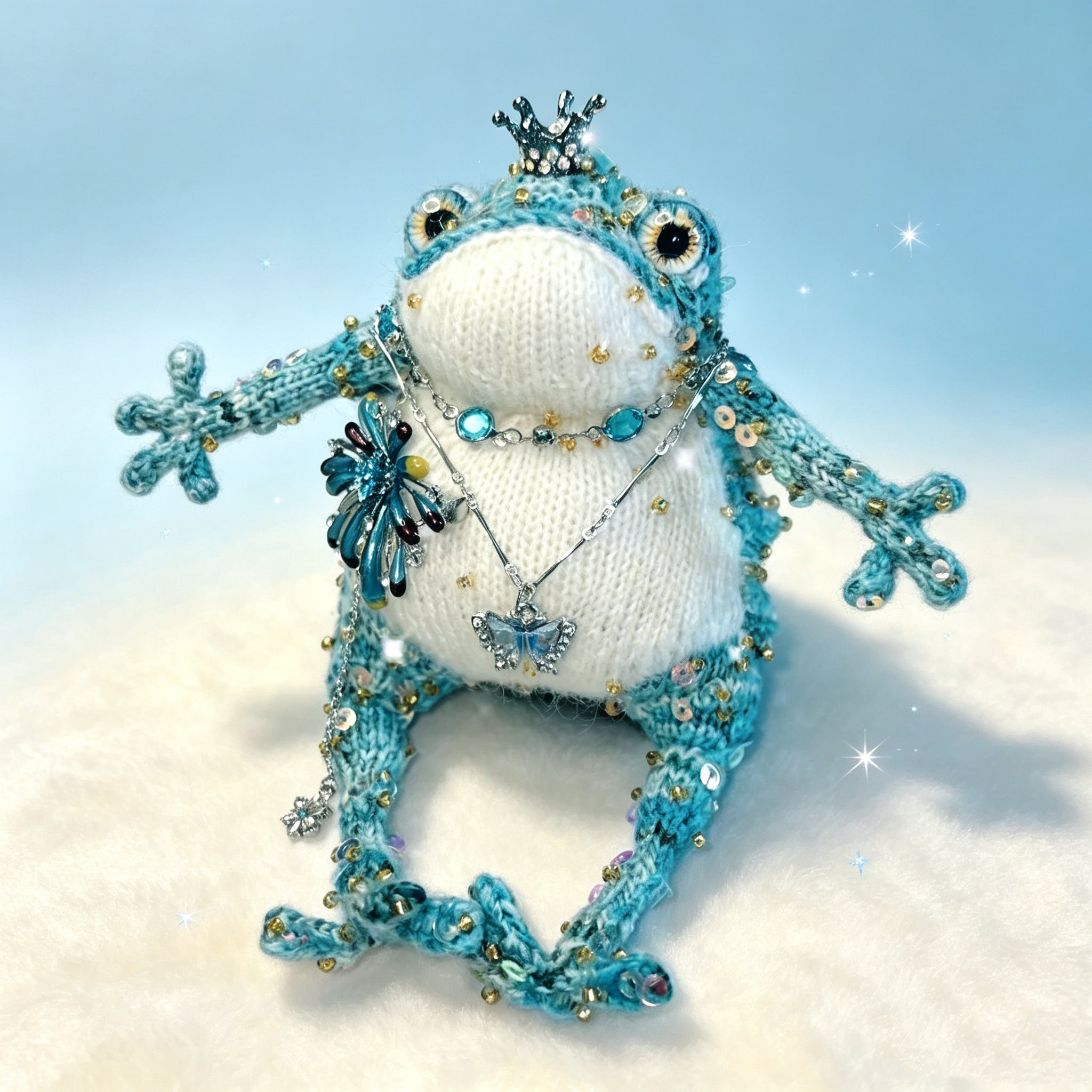 The Toad Who Wears the Tide – Hand-Knitted Deep-Sea Noble with Crystal Crown, Butterfly Pendant, Coral-Like Brooch &amp; Sequin-Sealed Blue-Green Limbs | The Third Space
